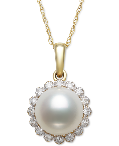 Belle De Mer Cultured Freshwater Pearl (7mm) & Diamond (1/8 Ct. T.w.) Halo 18" Pendant Necklace In 14k Gold. Crea