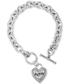 GUESS SILVER-TONE PAVE LOGO HEART LINK BRACELET