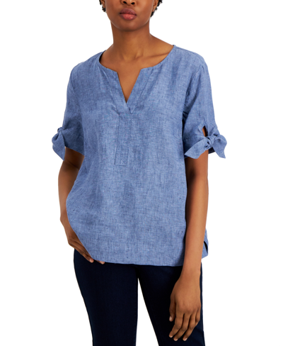 Charter Club Women's 100% Linen Split-neck Tie-cuff Top, Created For Macy's In Blue Ocean