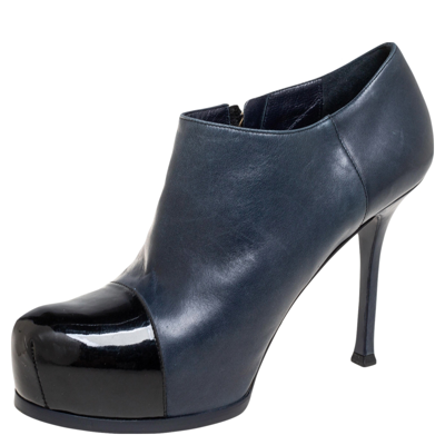 Pre-owned Saint Laurent Navy Blue/black Leather And Patent Cap-toe Tribtoo Ankle Boots Size 39