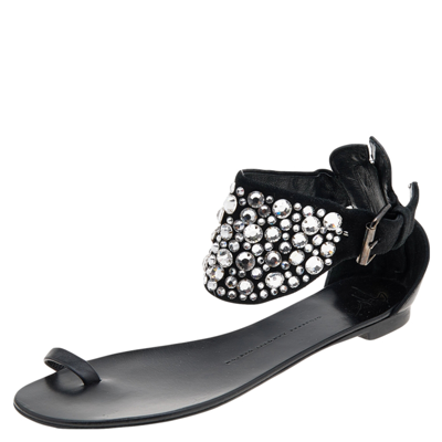 Pre-owned Giuseppe Zanotti Black Satin And Leather Embellished Ankle Wrap Flat Sandals Size 37