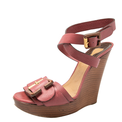 Pre-owned Chloé Red Leather Ankle Wrap Wedge Sandals Size 40