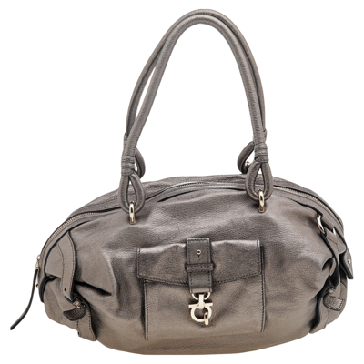 Pre-owned Ferragamo Metallic Grey Leather Gancini Front Pocket Satchel