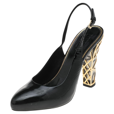 Pre-owned Loriblu Black Patent Leather Block Heel Slingback Sandals Size 40