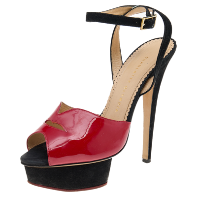 Pre-owned Charlotte Olympia Red Suede And Patent Leather Platform Sandals Size 39.5