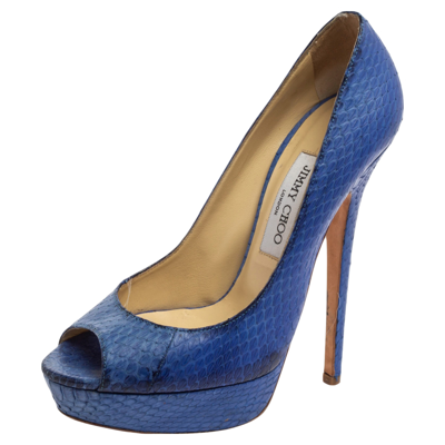 Pre-owned Jimmy Choo Blue Python Embossed Leather Peep Toe Platform Pumps Size 39