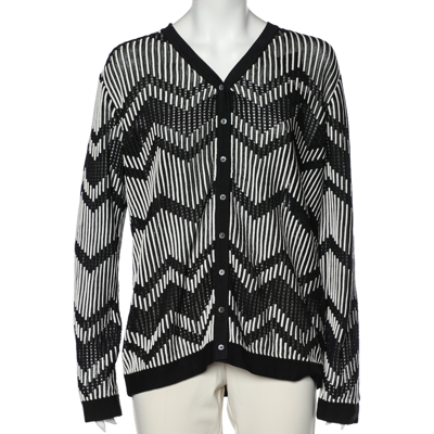 Pre-owned M Missoni Monochrome Patterned Perforated Knit Button Front Cardigan L In Black