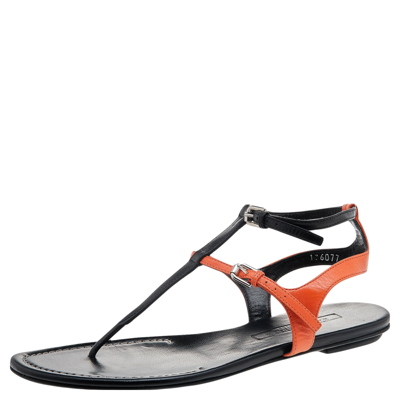 Pre-owned Ralph Lauren Black/orange Leather Thong Flat Sandals Size 38.5