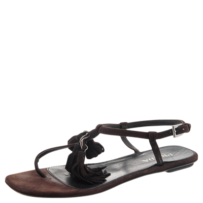 Pre-owned Prada Brown Suede Tassel Thong Sandals Size 37