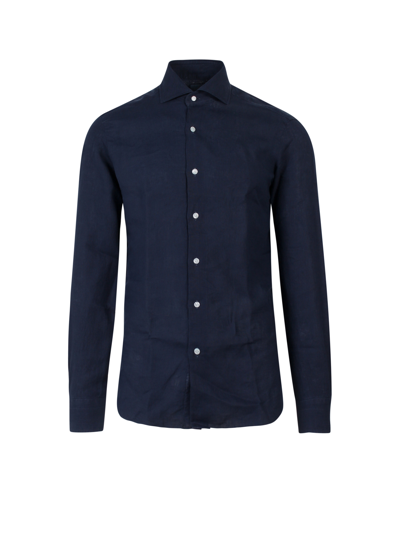 Barba Napoli Band-collar Linen Shirt In Blue