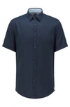 Hugo Boss Short-sleeved Slim-fit Shirt In Stretch Linen In Dark Blue