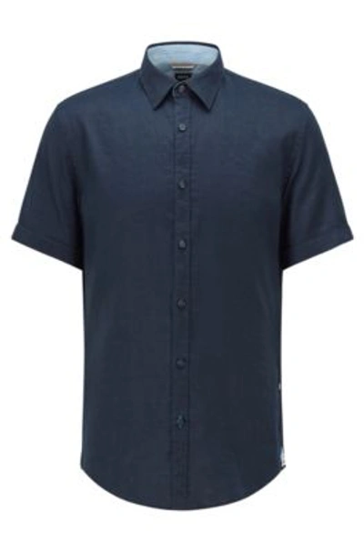 Hugo Boss Short-sleeved Slim-fit Shirt In Stretch Linen In Blue