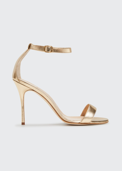 Manolo Blahnik Chaos Metallic Ankle-strap Stiletto Sandals In Gold