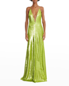Halston Kiara Sequin Plunge Neck Gown In Neon Green