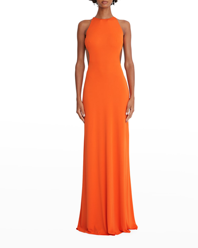 Halston Briar Open-back Jersey Halterneck Gown In Orange