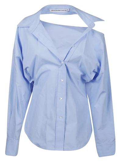 Alexander Wang Cut-out Cotton Button-down Shirt In Blue-lt