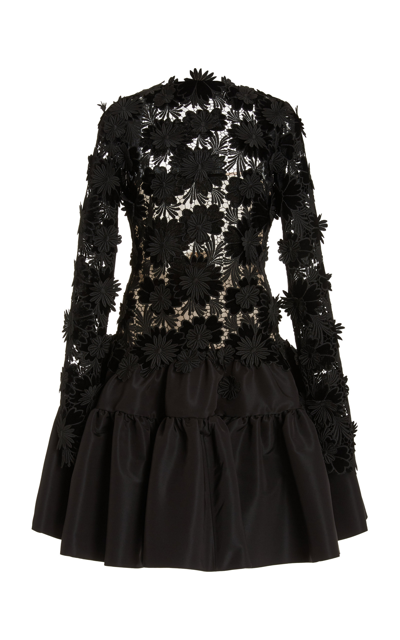 Oscar De La Renta Open-back Tiered Velvet, Guipure Lace And Silk-faille Mini Dress In Black