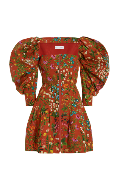 Oscar De La Renta Pleated Floral-print Cotton-blend Poplin Mini Dress