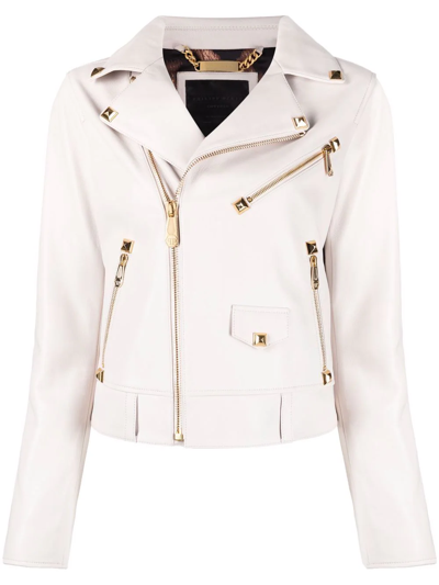 Philipp Plein Studded Logo-patch Biker Jacket In White