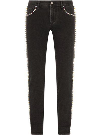 Dolce & Gabbana Crystal-embellished Mid-rise Straight Leg Jeans In Black