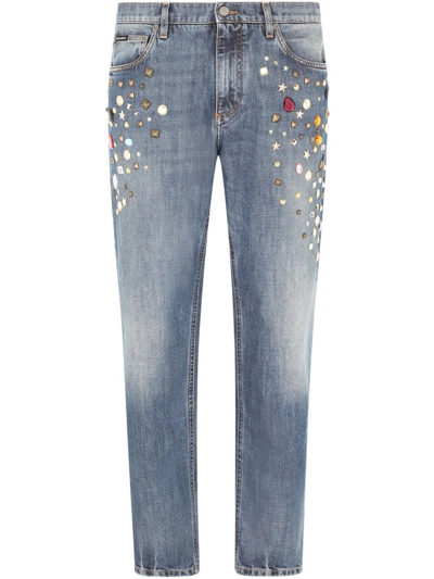 Dolce & Gabbana Studded Straight Leg Jeans In Blue