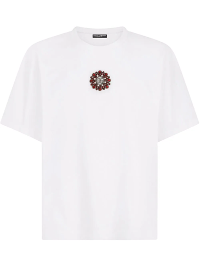 Dolce & Gabbana Crystal Embellished Logo Plaque White T-shirt