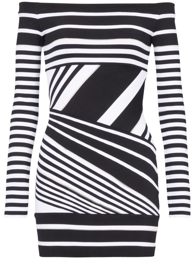 Balmain Stripe Off The Shoulder Long Sleeve Minidress In Black