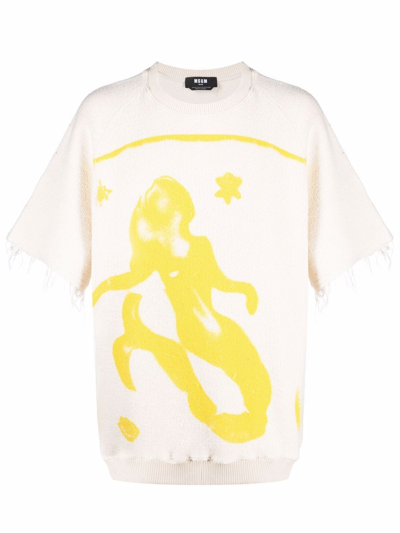 Msgm Cotton Mermaid-print Short-sleeved Sweatshirt In Neutrals