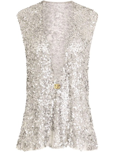 Dolce & Gabbana Sequin Deep V Neck Sleeveless Top In Silver