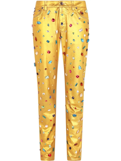 Dolce & Gabbana Logo-plaque Crystal-embellished Trousers In Yellow