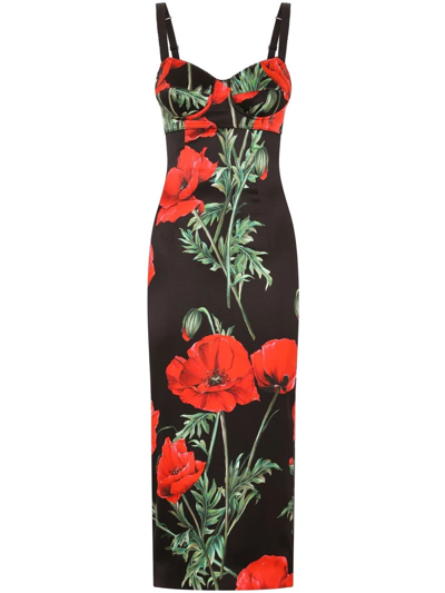 Dolce & Gabbana Floral-print Silk-blend Satin Midi Dress In Black