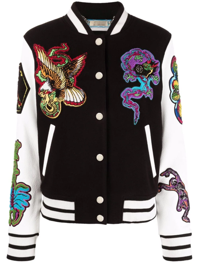 Philipp Plein Embroidered-patches Colour-block Varsity Jacket In Black