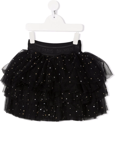 Balmain Kids' Logo亮片薄纱半身裙 In Black