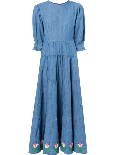 Rixo London Kristen Tiered Embroidered Denim Maxi Dress In Mid Denim
