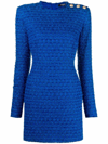 Balmain Buttoned-shoulder Tweed Mini Dress In Blue