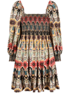Alice And Olivia Julissa Multi Color Puff Sleeve Square Neck Smock Mini Dress In Orange