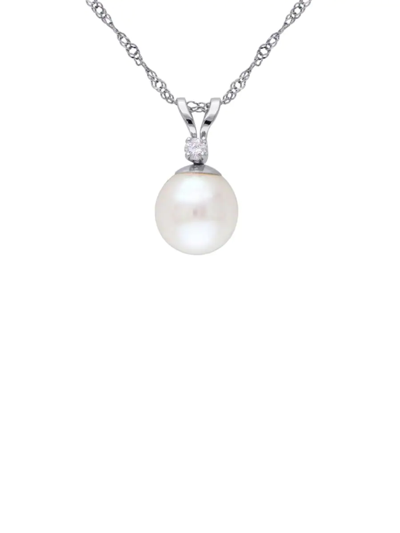 Sonatina Women's 14k White Gold, 7-7.5mm Freshwater Pearl & Diamond Pendant Necklace