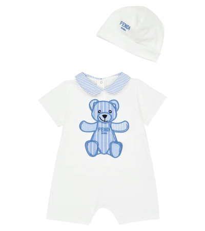 Fendi Baby's Short-sleeve Romper & Beanie Hat In White Blue