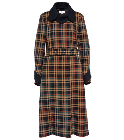 Victoria Beckham Belted Paneled Checked Grain De Poudre Cotton Trench Coat In Navycamel