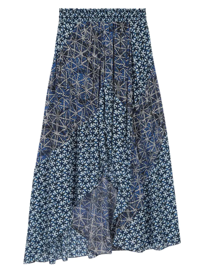 Maje Jartrani Graphic-print Ruffled Woven Midi Skirt In Bleus