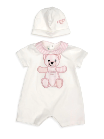Fendi Baby's Short-sleeve Romper & Beanie Hat In White Pink