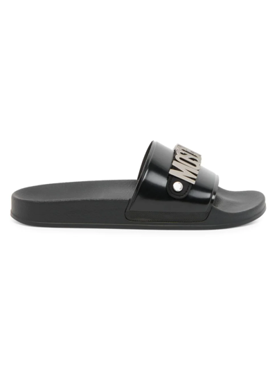 Moschino Logo-plaque Open-toe Slides In Black