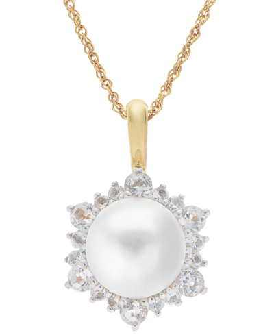 Macy's Cultured Freshwater Pearl (8mm) & White Topaz (3/4 Ct. T.w.) Halo 18" Pendant Necklace In 14k Gold-p In Gold Over Silver