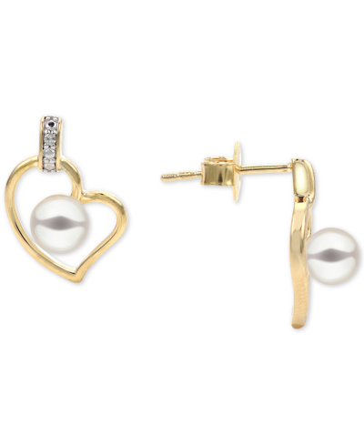 Macy's Cultured Freshwater Pearl (4-1/2mm) & Diamond Accent Heart Stud Earrings In 14k Gold-plated Sterling In Gold Over Silver