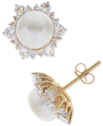 Macy's Cultured Freshwater Pearl (8mm) & White Topaz (1-1/4 Ct. T.w.) In 14k Gold-plated Sterling Silver In Gold Over Silver