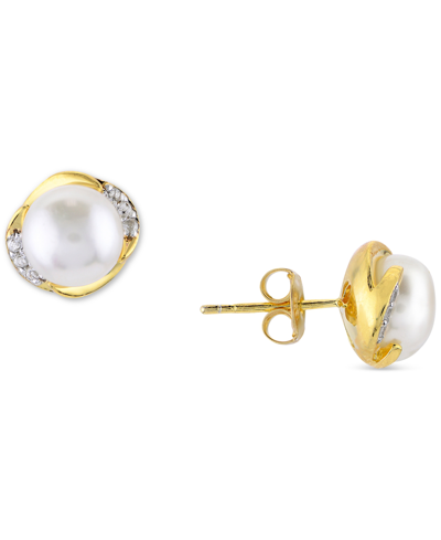 Macy's Cultured Freshwater Pearl (7mm) & White Topaz (1/6 Ct. T.w.) Stud Earrings In 14k Gold-plated Sterli In Gold Over Silver