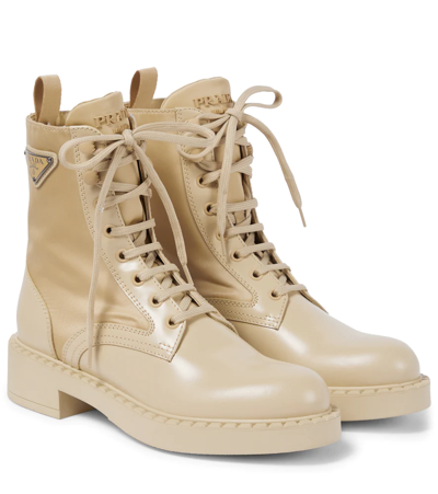 Prada Leather Nylon Lace-up Combat Boots In Neutral