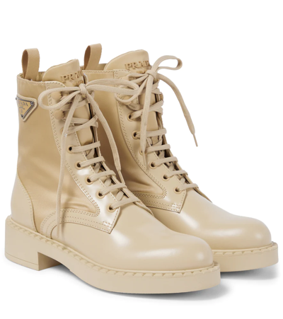 Prada Leather Nylon Lace-up Combat Boots In Deserto