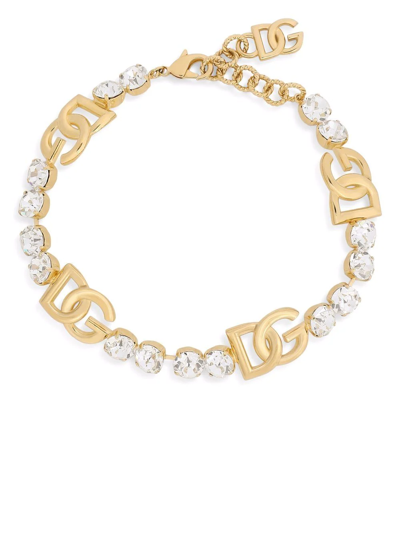 Dolce & Gabbana Logo-plaque Crystal-embellished Bracelet In Gold