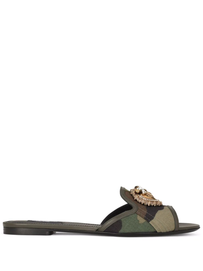 Dolce & Gabbana Taormina Devotion Heart Slide Sandals In Green Multicolor